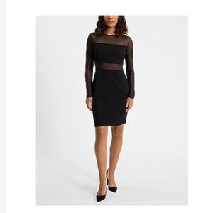 Express Black Sheer-Panel Long-Sleeve Bodycon Dress
